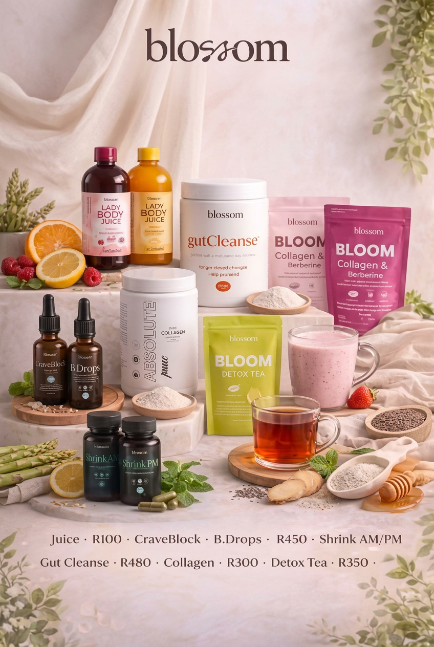 Full Blossom Bloom product lineup including Lady Body Juice, gutCleanse, Bloom Collagen, CraveBlock, B.Drops, Shrink AM/PM and Bloom Detox Tea